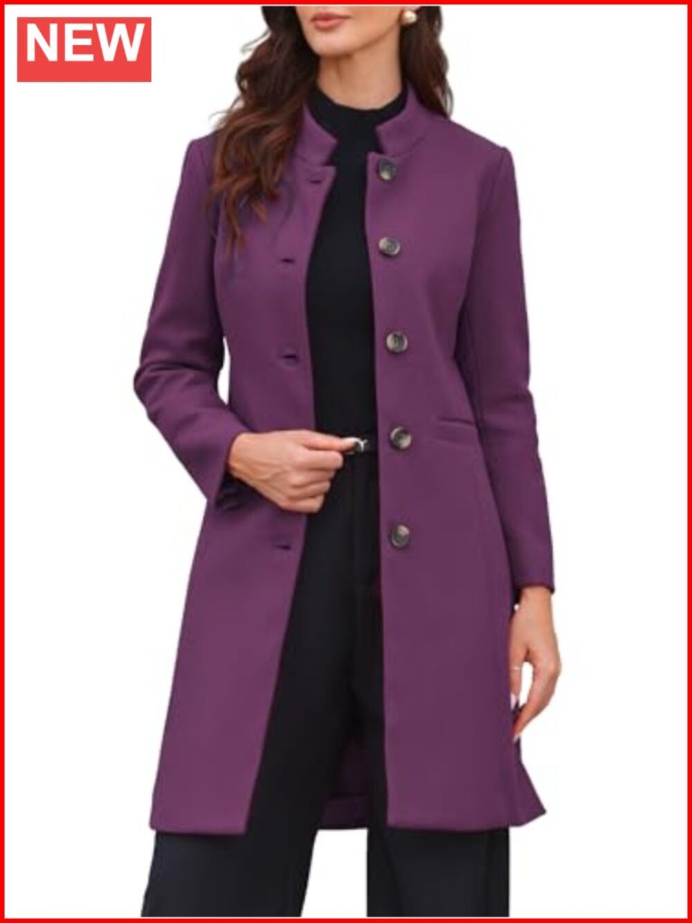 Women's Wool Pea Coat Long Sleeve Stand Collar Winter Jacket Single-Breasted